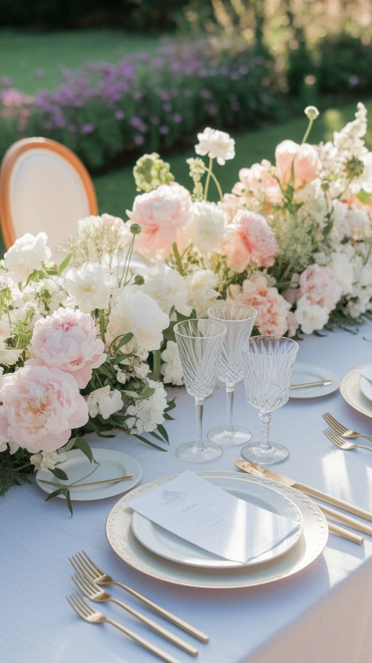 A romantic alfresco wedding reception in cream and rose tones